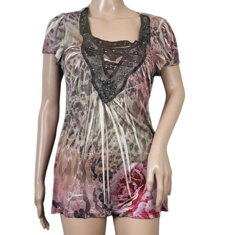Unity World Wear Lace Cut Out Animal print Roses Blouse